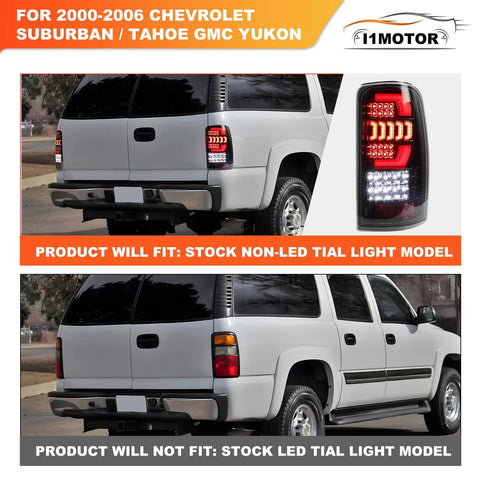Rear view of I1MOTOR LED tail light for 2000–2006 Chevy Suburban/Tahoe/GMC Yukon; glossy black housing with clear lens.