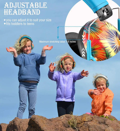 Kids Noise Cancelling Earmuffs With 25dB NRR Adjustable Headband Fireworks Pattern worn by children outdoors