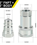 Front view of two silver metal 1/2'' hydraulic quick-connect couplers with dust caps.