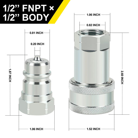 Front view of two silver metal 1/2'' hydraulic quick-connect couplers with dust caps.