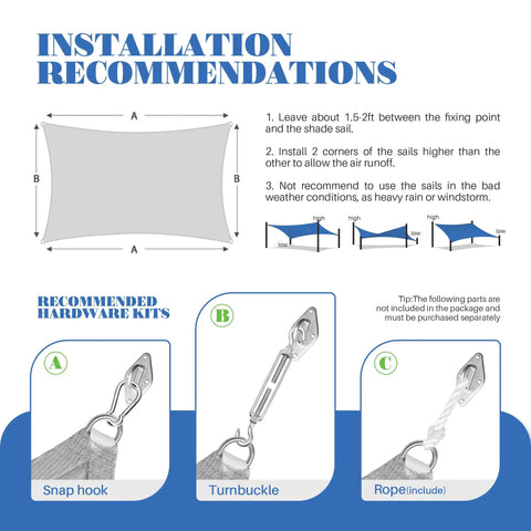 Installation guide for 12x14 HDPE Sun Shade Sail Rectangle For Outdoor Patio includes hardware recommendations.