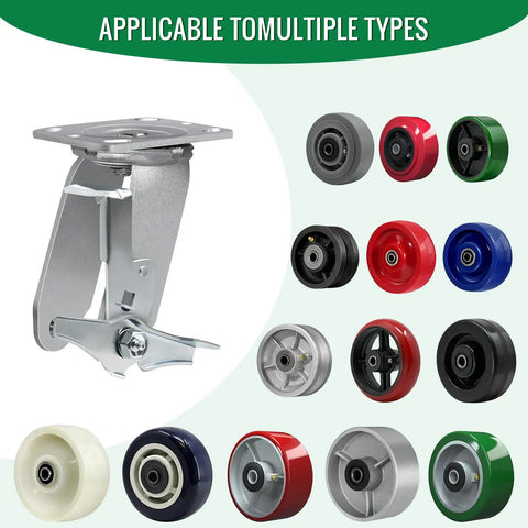 Beast Mode Eight Inch Swivel Caster With Secure Auto Lock Brake Heavy Duty Zinc Plated Steel Frame For Industrial Rigs And Gear Mods 1500 Lb Capacity Plate Upgrade showcasing various wheels and locking mechanism.
