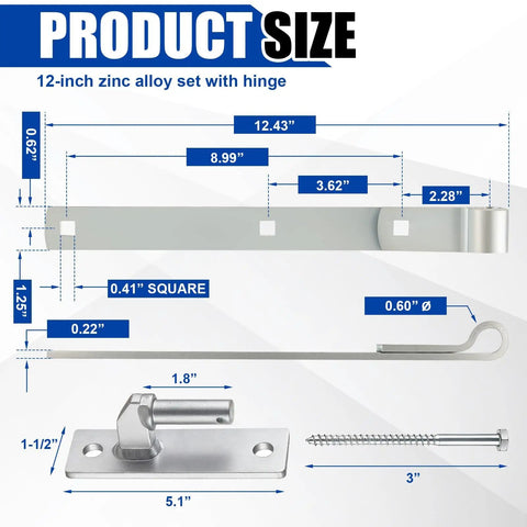 Detailed diagram of 12-inch zinc strap hinge set with wall mount for gates, displaying dimensions and components.