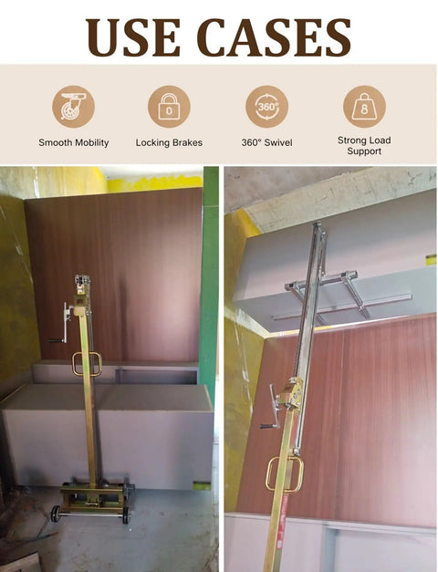Heavy Duty Portable Lifting Stacker For Easy Wall Cabinet Installation And Heavy Panel Placement Manual Floor Material Lift With Compact Trolley Design for smooth cabinet placement in a renovation job site.