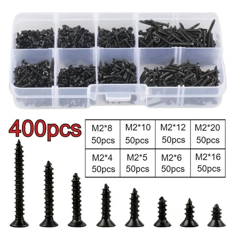 400 Pcs M2 Pan Head Wood Screws Self Tapping Set for Woodworking and Furniture Repair in plastic organizer box
