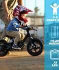 Child riding Electric Balance Bike For Kids Ages 3 To 5 with 12eDRIVE on dirt path, adult supervising, kid friendly helmet.