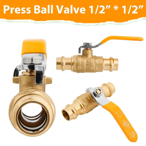 2-pack 1/2-inch lead-free brass press ball valves with orange handles for copper tubing