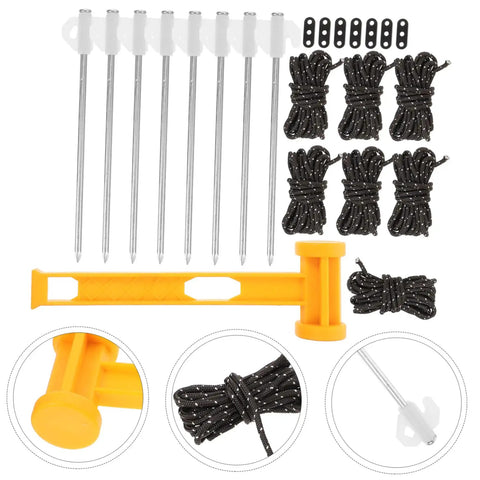 Heavy Duty Tent Stakes Ground Nails Kit For Camping Tarp Beach Outdoor Windproof including stakes, ropes, hammer, and bag