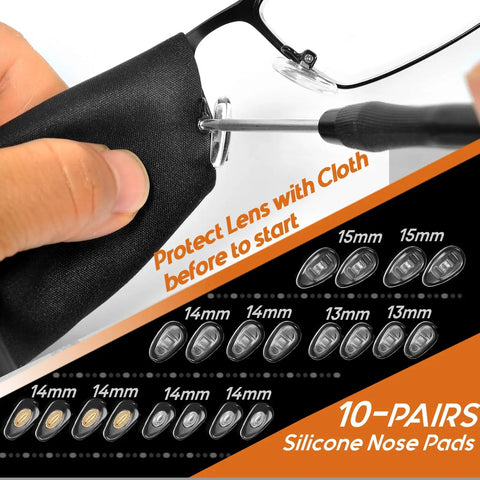 Close-up of All-In-One Eyeglass Repair Kit With Magnetic Driver, installing nose pads with cloth protection, assortment displayed.