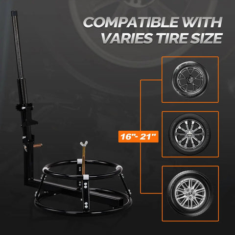 Heavy Duty Tire Change Stand Kit For 16 To 24 Inch Tires Easy Leverage Bead Breaker with various tire sizes displayed