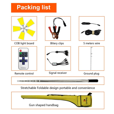 Packing list for 30,000 Lumen Telescoping Camping Light With Remote And Manual Control, Portable LED, DC12V, accessories included.
