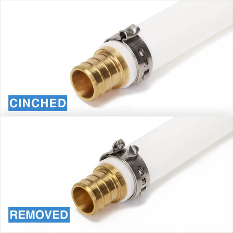 Pex Clamp Tool For Cinching And Removing showing cinched and removed clamp ring on pipe