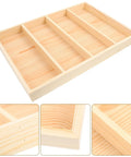 Premium Straight Up Solid Natural Wood Jewelry Tray With Four Roomy Compartments Smooth Ring Display Plate in khaki wood finish.