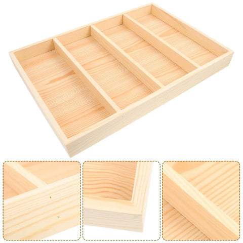 Premium Straight Up Solid Natural Wood Jewelry Tray With Four Roomy Compartments Smooth Ring Display Plate in khaki wood finish.