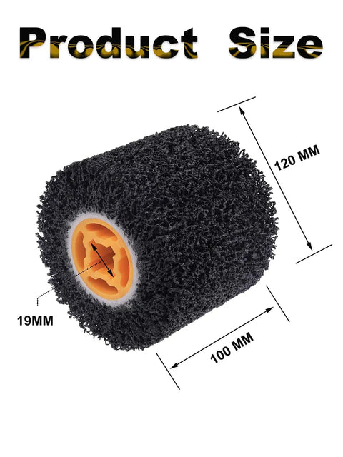 Abrasive Drum Wheel For Paint And Rust Removal, 40 Grit Polishing Wheel, 4.5 Inch By 4 Inch showing size dimensions in millimeters.