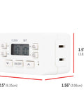 Close-up of 24 Hour Digital Plug Timer With One Polarized Outlet No Fuss Two Programmable On Off Cycles For Lamps And Indoor Lighting 125VAC Indoor Timer White 1 Pack Model 45184 showing dimensions and side outlet