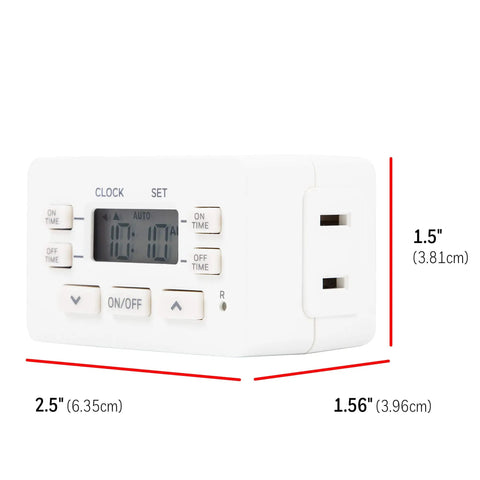 Close-up of 24 Hour Digital Plug Timer With One Polarized Outlet No Fuss Two Programmable On Off Cycles For Lamps And Indoor Lighting 125VAC Indoor Timer White 1 Pack Model 45184 showing dimensions and side outlet