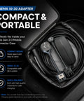 Nema 10 30 Adapter For Tesla Mobile Connector Gen 2 And Gen 3 Ev Cable in a compact case with cords ready for use.