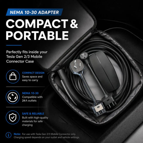 Nema 10 30 Adapter For Tesla Mobile Connector Gen 2 And Gen 3 Ev Cable in a compact case with cords ready for use.