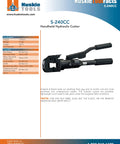 S-240CC Handheld Hydraulic Cutting Tool with anvil style center cut blades for cutting wires and cables, shown against specifications.
