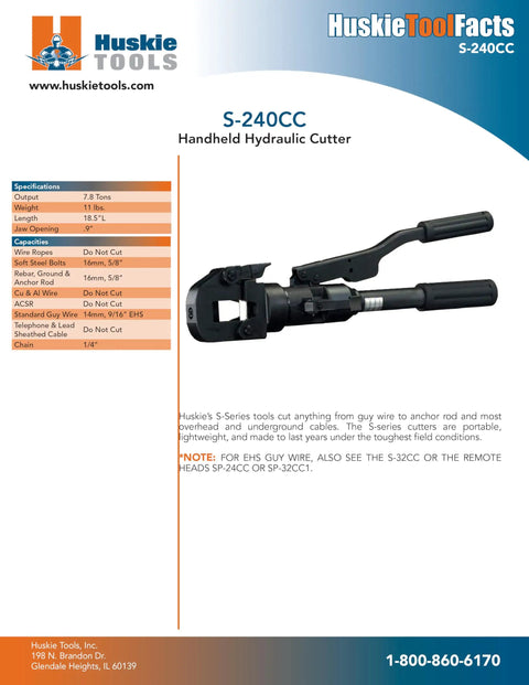 S-240CC Handheld Hydraulic Cutting Tool with anvil style center cut blades for cutting wires and cables, shown against specifications.