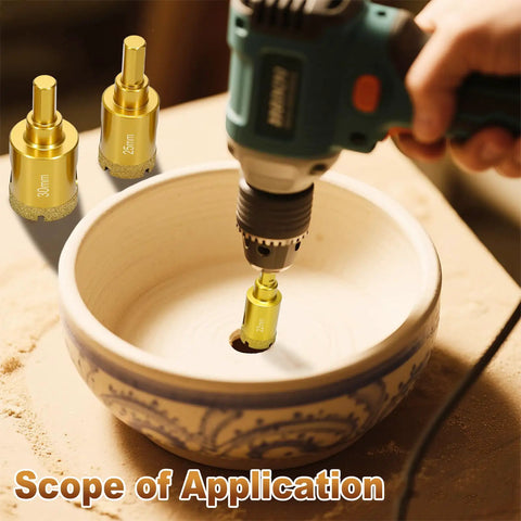 Heavy Duty Half Inch Diamond Hole Saw And Core Drill Bit Twin Pack Featuring Brazed Grit Blades cutting a ceramic bowl with precision.