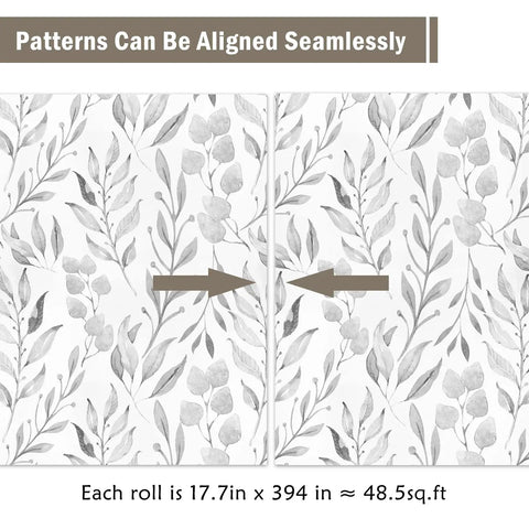 Gray Leaf Peel and Stick Wallpaper Dope Look Floral Self Adhesive Watercolor Leaves for Cabinets and Walls Removable Botanical Contact Paper Easy Peel and Stick Vibe Elegant Gray Wall Decor 17.7 by 394 Inches showing seamless pattern alignment.