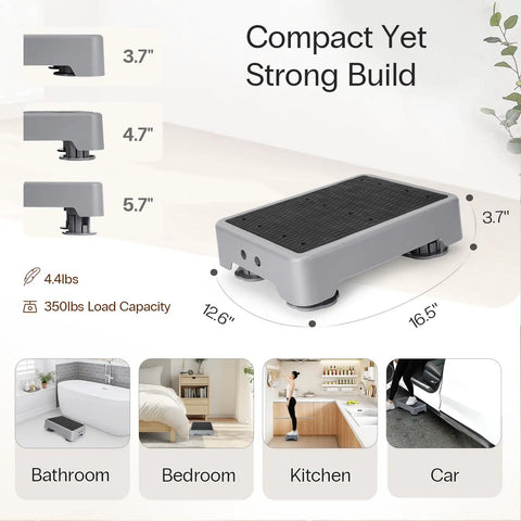 Diagram showing One Step Stool With Non Slip Wave Traction, 3.4 Inch Rise, Wide Base, ideal for bathroom, bedroom, kitchen, car
