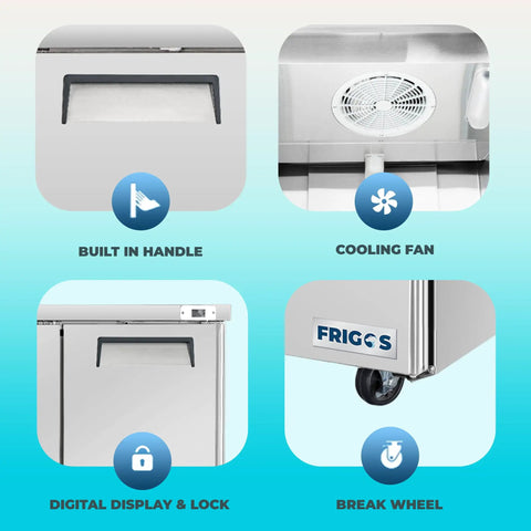 Features of 72 Inch 3 Door Undercounter Commercial Refrigerator Packing 16 6 Cubic Feet Of Cooling Space including handle, fan, lock, and wheels.