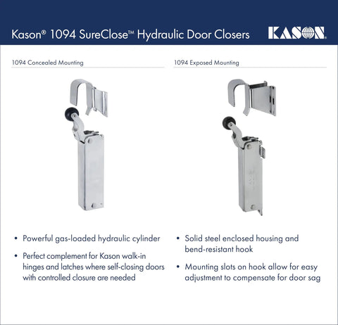 SureClose Hydraulic Door Closer With Concealed Mounting And Adjustable Wide Hook, Flush To Three-Quarter Inch Offset, Heavy Duty Steel Enclosed Housing for smooth door closure.