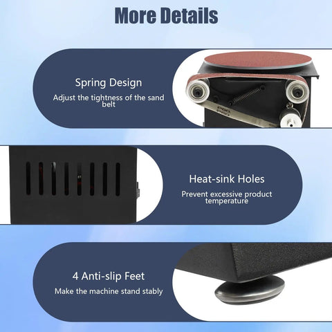 Heavy Duty 6 Inch Mini Disc Sander And Bench Belt Sander Combo features spring design and heat-sink holes.