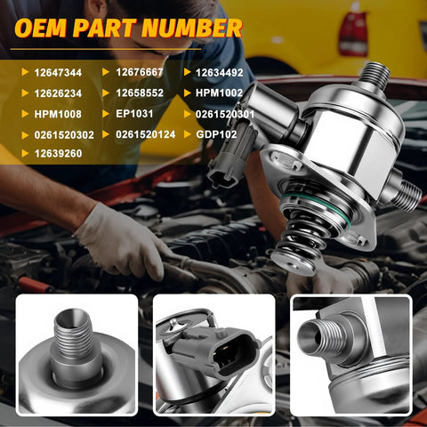 Buick High Pressure Fuel Pump For V6 3.6L Engines, OE Replacement shown with part numbers and vehicle compatibility details.