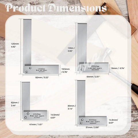 Pro Grade Square Set 2 Inch 3 Inch 4 Inch 5 Inch With L Type Right Angle Ruler Hardened Carbon Steel for Woodworking and Metalworking