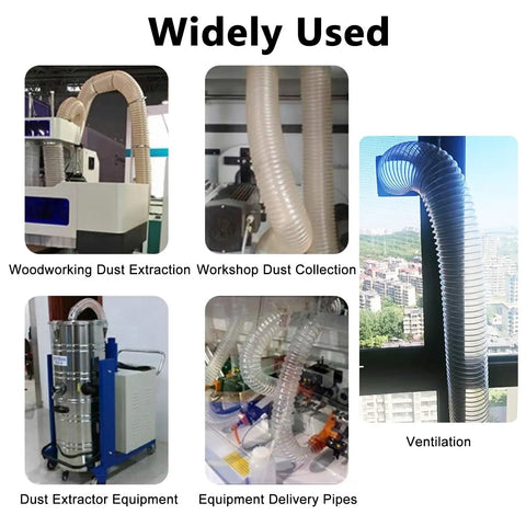 Built Tough Flexible Dust Collector Hose Featuring Puncture Resistant Walls And Snug Seal Clamp For No Fuss Heavy Duty Woodshop Smoke Extraction Work in various uses.