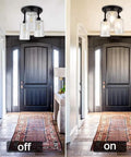 Semi Flush Mount Ceiling Light With Farmhouse Vibe And Seeded Glass, 3-Light Chandelier Fixture in Black Finish in Entryway, off and on view