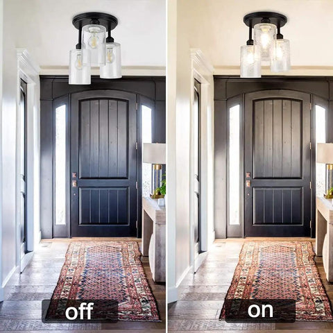 Semi Flush Mount Ceiling Light With Farmhouse Vibe And Seeded Glass, 3-Light Chandelier Fixture in Black Finish in Entryway, off and on view