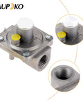 Front view of Aupoko natural gas grill regulator; metal body with yellow caps, 1/2-in NPT inlet, threaded outlet