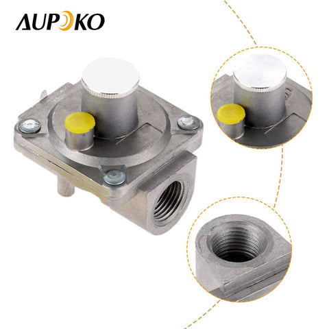 Front view of Aupoko natural gas grill regulator; metal body with yellow caps, 1/2-in NPT inlet, threaded outlet