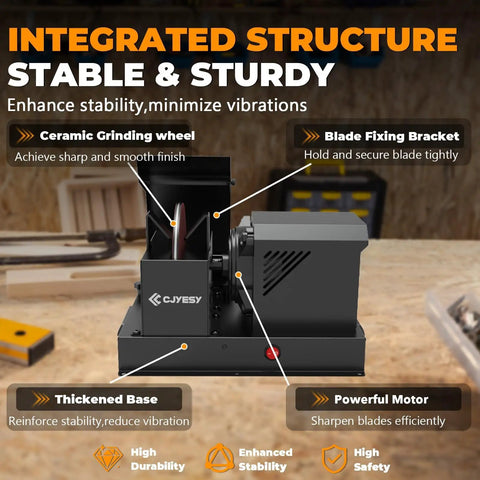 Heavy Duty Lawn Mower Blade Sharpener And Grinder with 5 Inch Ceramic Wheel, showcasing stable structure and powerful motor.