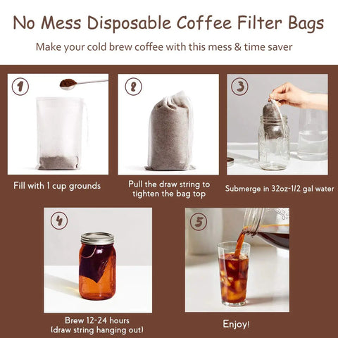 Step-by-step guide using No Mess Cold Brew Filters 100 Count Disposable Fine Mesh Bags For Concentrate And Iced Coffee Maker French Press.