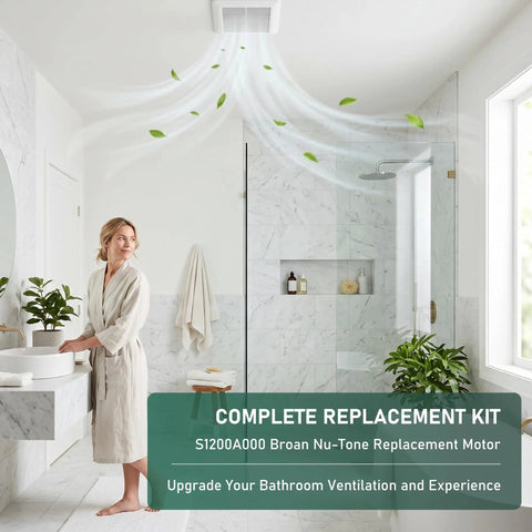 Direct Replacement Bathroom Exhaust Fan Motor installed in modern bathroom with airflow simulation