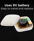 Interior of 8 Pack Water Leak Detectors 95 Decibel Flood Alarm Sensor Kit For Bathrooms Basements Laundry Rooms Garages Attics And Kitchens With Easy Placement Battery Powered Alerts And Instant Leak Detection Anywhere In Your Home showing 9V battery compartment.