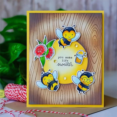Handmade card featuring bees, strawberry flowers, and honey jar made with Stamps and Dies Set for Card Making and Scrapbooking