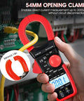 Clamp Meter Multimeter With True RMS, 2000A AC DC Current, 6000 Counts in use with 54mm opening, showcasing direct measurement.