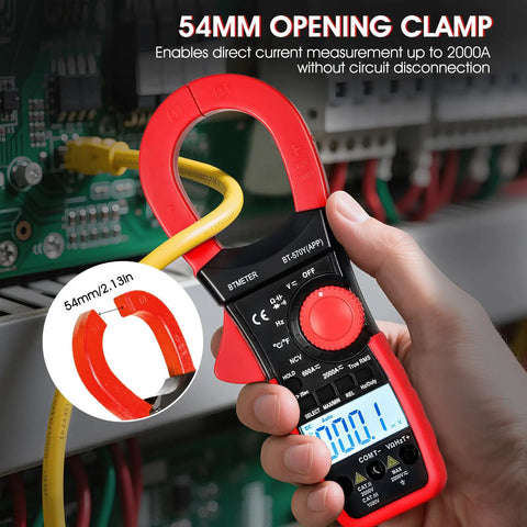 Clamp Meter Multimeter With True RMS, 2000A AC DC Current, 6000 Counts in use with 54mm opening, showcasing direct measurement.
