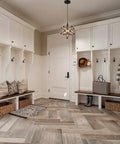 Seeded Glass Moravian Star Pendant Light With Black Industrial Finish in cozy entryway with white cabinets and chevron floor