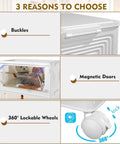 Four Piece Heavy Duty Plastic Storage Bins With Snug Lids Delivering Twenty Three Quarts Per Container showing buckles and magnetic doors.