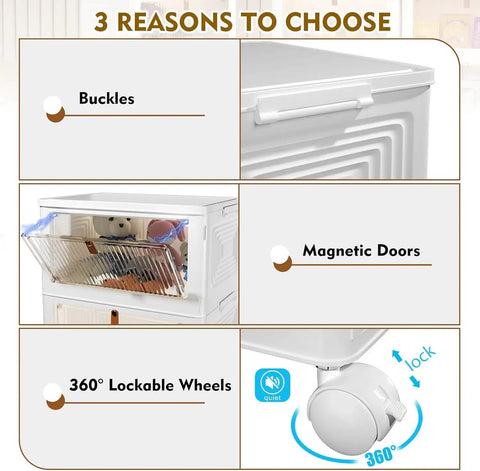Four Piece Heavy Duty Plastic Storage Bins With Snug Lids Delivering Twenty Three Quarts Per Container showing buckles and magnetic doors.