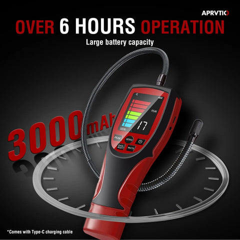 Aprvtio ALD-200 PRO refrigerant leak detector; red/black handheld with 2.6-inch color display and flexible probe