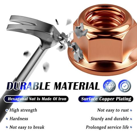 10 Pieces M8x1.25 Exhaust Manifold Gasket Nut, copper plated with hammer impact, highlighting durability and high temp resistance.